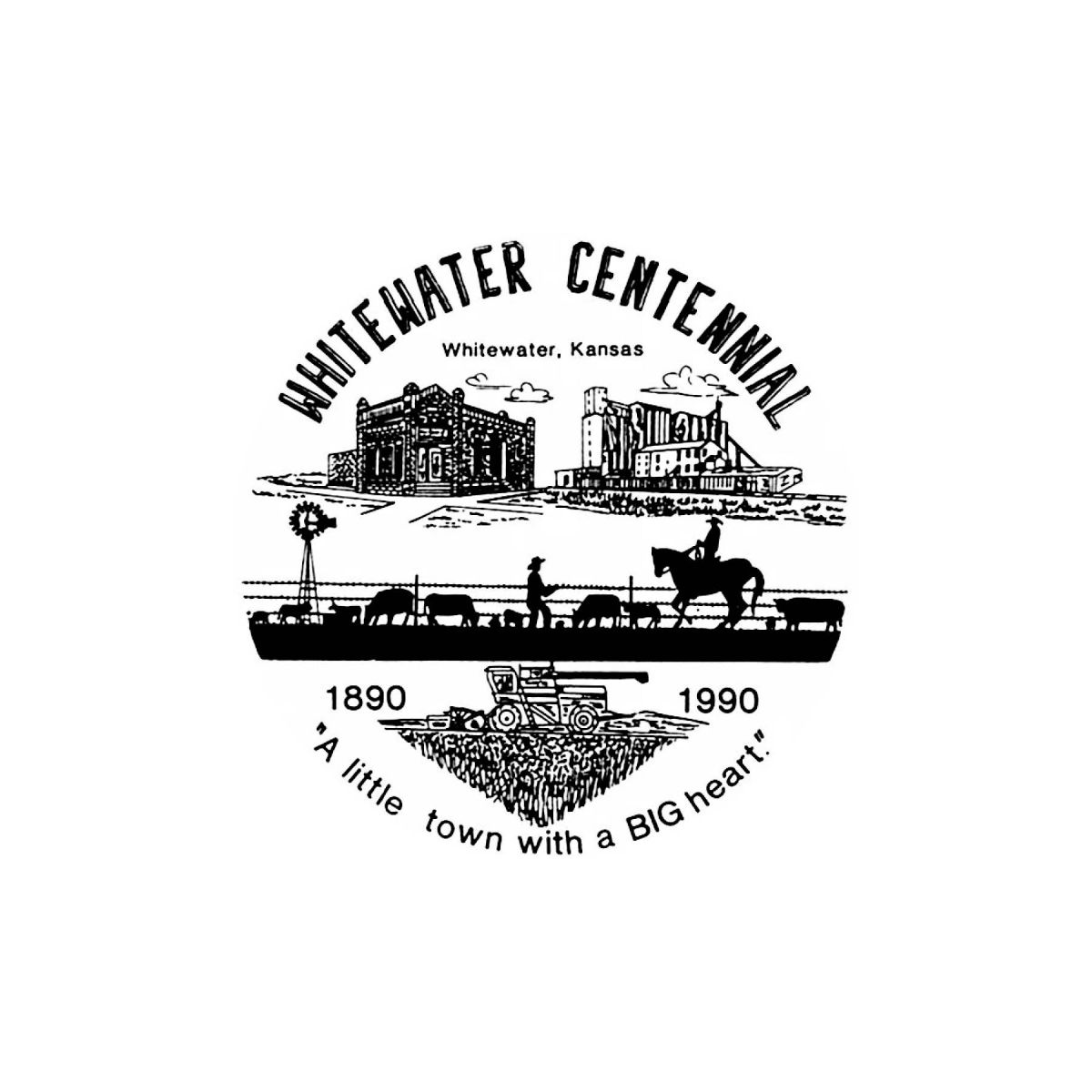 Logo with multiple images, a bank, a coop, an animal farmer and a tractor, 1890-1990 